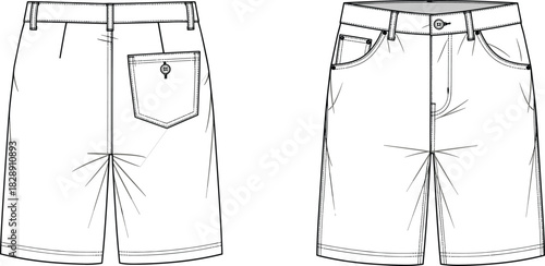 Men's / women's chino shorts technical drawing, front and back views, fashion flat sketch, casual wear, summer, comfortable, versatile, smart casual, vector, illustration, garment, blueprint.