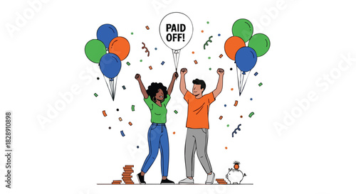 An illustration depicts a diverse couple celebrating success with raised arms, confetti, and balloons, symbolizing achievement and financial payoff against a clean white backdrop.