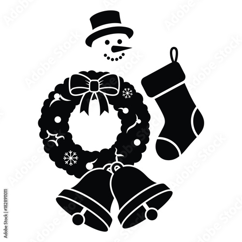 Black and white silhouette of a snowman with a wreath, stocking, and bells on white background christmas