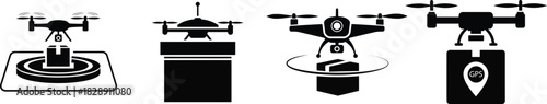 Drone Delivery Icons Set – Aerial Parcel Shipping GPS Vector Silhouette