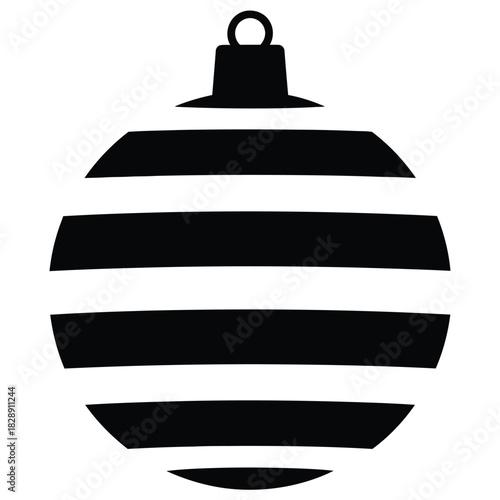 Black and white striped Christmas ornament icon with hanging loop on white background holiday decoration