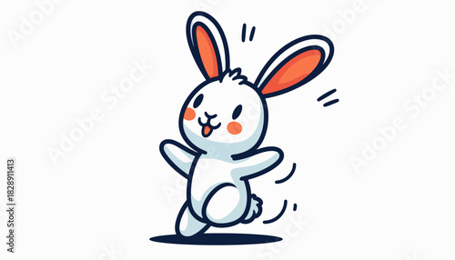Cartoon illustration of a happy white rabbit with orange ears, running and smiling on a white background.
