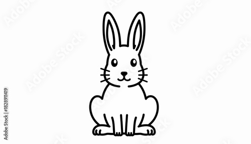 A simple black and white line drawing of a cute rabbit sitting and looking forward against a plain background.