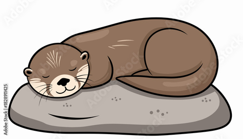 A cute cartoon otter is sleeping peacefully on a smooth, gray rock.