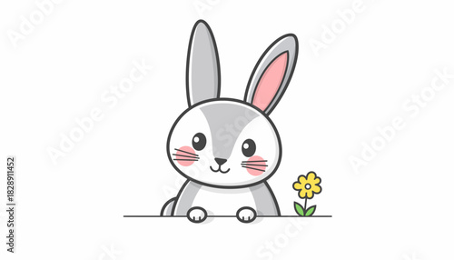 A cute cartoon illustration of a gray bunny peeking over a white surface with a small yellow flower beside it.