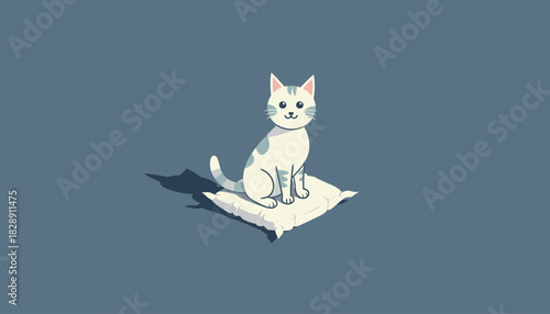 A cute cartoon cat with white fur and gray spots sitting on a pillow.