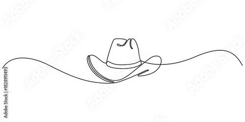 One line art cowboy hat - Minimalist continuous line drawing of western style hat vector illustration, Continuous one line drawing of men hat, Single line drawing of cowboy hat, Vector continuous one 