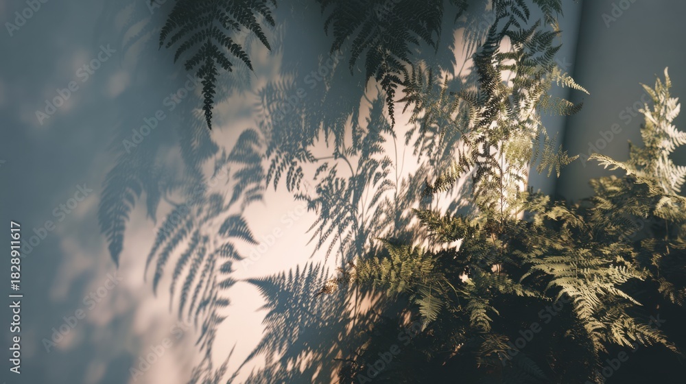 Obraz premium Soft Shadows of Fern Leaves Against a Light Wall Creating a Peaceful and Serene Ambiance in a Natural Indoor Space