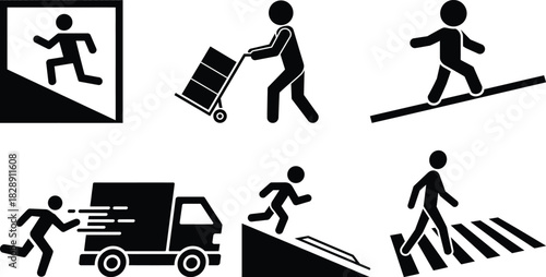 Movement, transportation, and logistics stick figures icon set