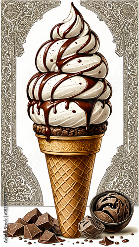 creative concept of waffle cone with vanilla chocolate ice cream, isolated on white background	
