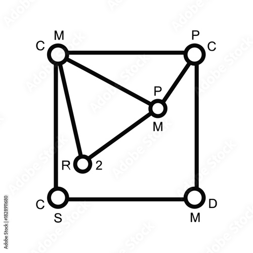 Geometric diagram of points, lines, and a square, for mathematical illustration, isolated on