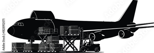 Silhouette of a cargo airplane loading