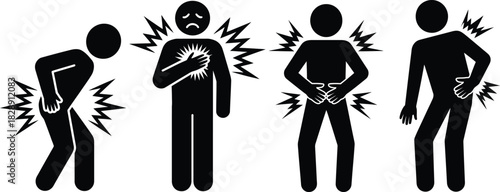 Common human body pains, stickman icon set, health illustration