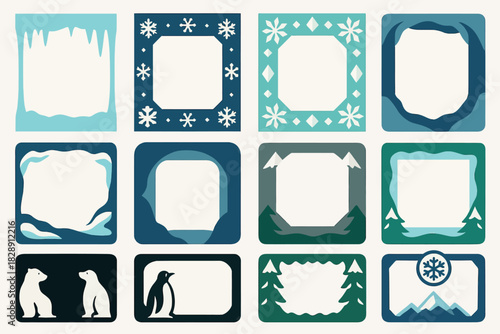 Winter and Arctic Frames Collection with Snowflakes, Mountains, and Penguins