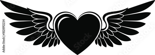 Black Heart with Angel Wings Tattoo Style Vector Silhouette Illustration