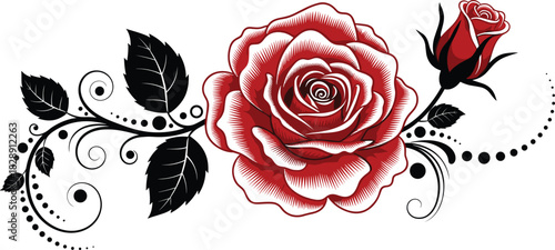 Beautiful Red Rose Flower with Bud and Black Ornamental Leaves Vector Illustration for Tattoo or Wedding Design