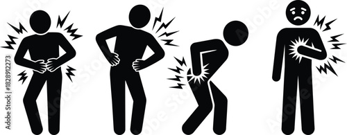 Human stick figures experiencing various body pains health issue