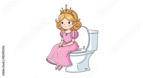 A charming cartoon princess in a pink gown casually sitting on a toilet bowl