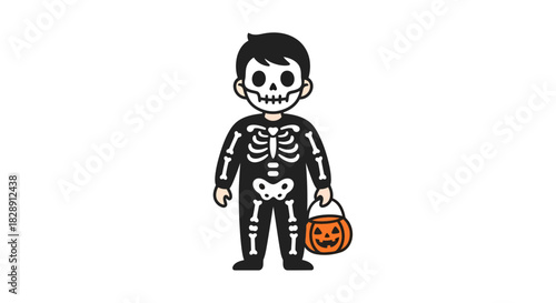 A joyful child dressed in a skeleton costume ready for trick or treating adventure
