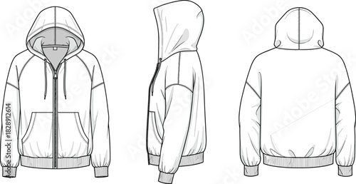 Zip-up hoody technical drawing, front, side, and back views, fashion flat sketch, men's / women's casual wear, loungewear, sportswear, comfortable, versatile, vector, illustration, garment, blueprint.