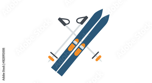 Vector Graphic of Skis and Ski Poles Crossed, Representing Winter Sports and Alpine Adventures