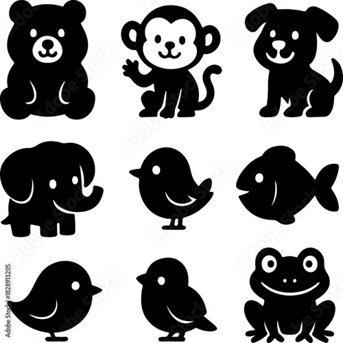 Collection of nine black silhouette animal icons on a white background featuring a bear monkey dog elephant bird fish and frog in a simple style