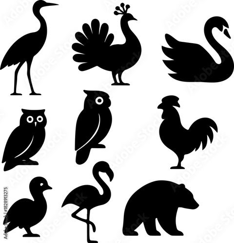 Silhouette collection of diverse animal wildlife birds mammals and more providing a variety of animal icons for design and creative projects in black
