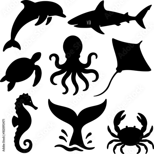 Silhouette collection of ocean animals dolphin shark octopus turtle stingray seahorse whale tail and crab in black and white for creative projects