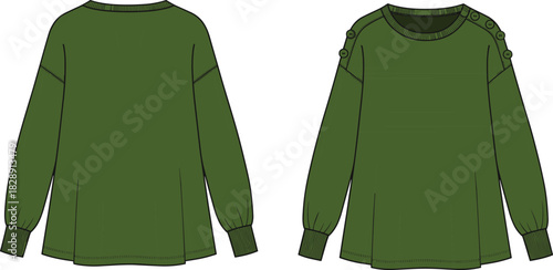 Olive green sweater technical fashion flat sketch with shoulder buttons and ribbed cuffs, front and back view vector illustration.