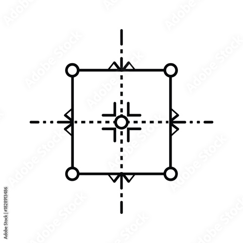 Geometric square with central crosshairs and alignment guides, representing precision and control