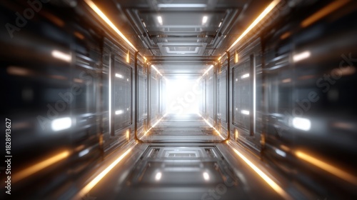 Fototapeta Naklejka Na Ścianę i Meble -  Futuristic Corridor with Bright Light at the End Surrounded by Sleek Metallic Walls and Ambient Lights, Ideal for Sci-Fi and Technology Themes