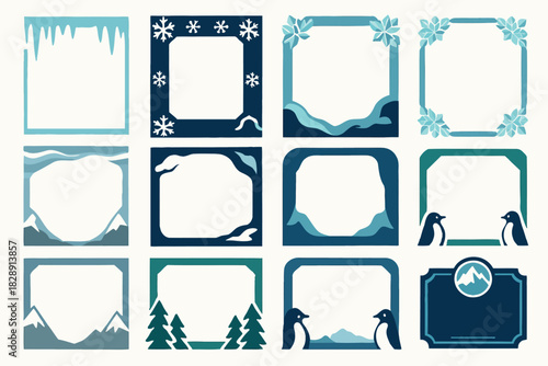 Winter and Arctic Frames Collection with Snowflakes, Mountains, and Penguins