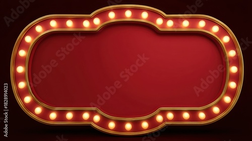 A vintage marquee sign is illuminated with bright bulbs featuring an empty space in the center for custom text. The background is a deep red enhancing the nostalgic feel of the display.