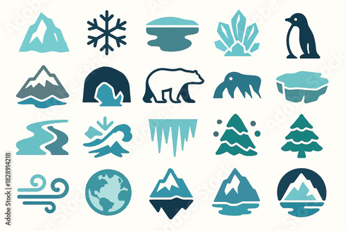 Winter and Arctic Themed Icons Collection with Animals and Landscapes