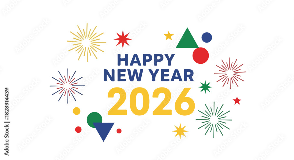 Obraz premium Happy New Year 2026 Celebration With Festive Fireworks And Geometric Shapes Graphic