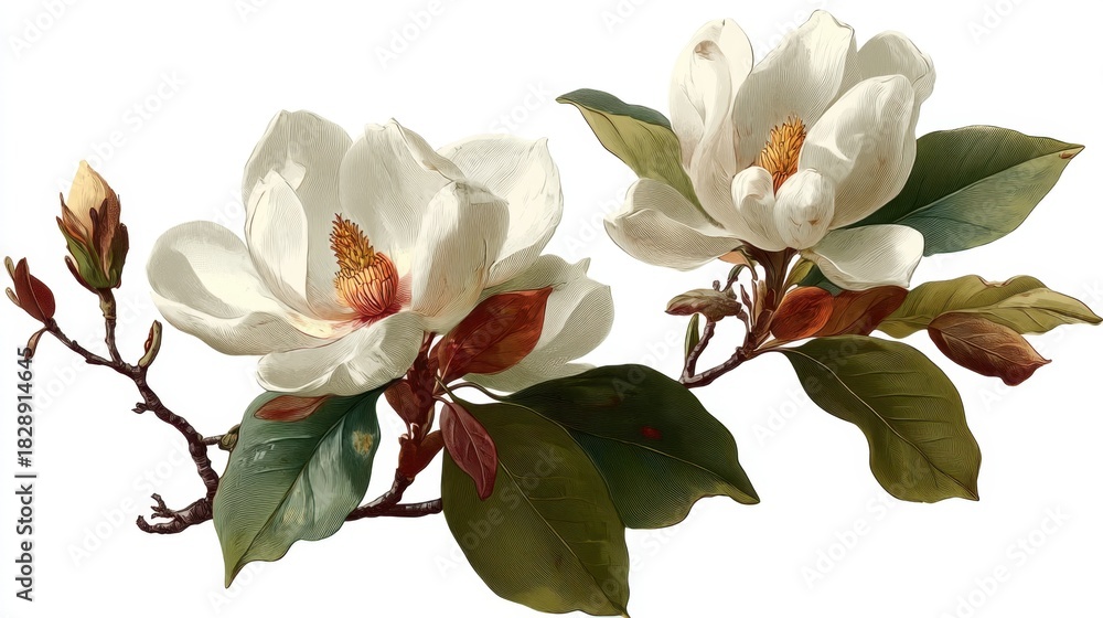 Naklejka premium Two beautiful white magnolia flowers bloom alongside rich green leaves. The intricate details of the petals and leaves showcase the elegance of springtime botany.