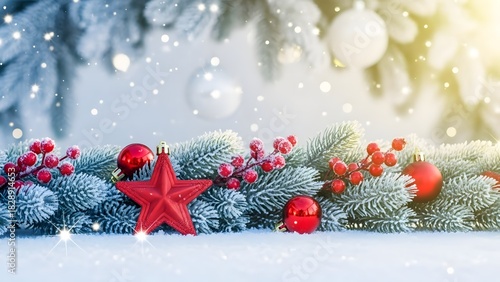 A horizontal panoramic shot of a Christmas scene, with a soft focus and a bokeh effect 