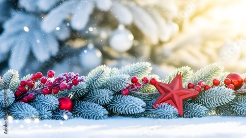 A horizontal panoramic shot of a Christmas scene, with a soft focus and a bokeh effect 