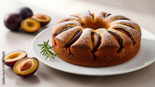 A whole plum cake placed neatly on a white ceramic plate