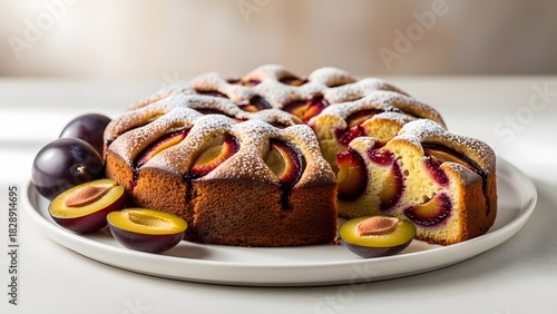 A whole plum cake placed neatly on a white ceramic plate