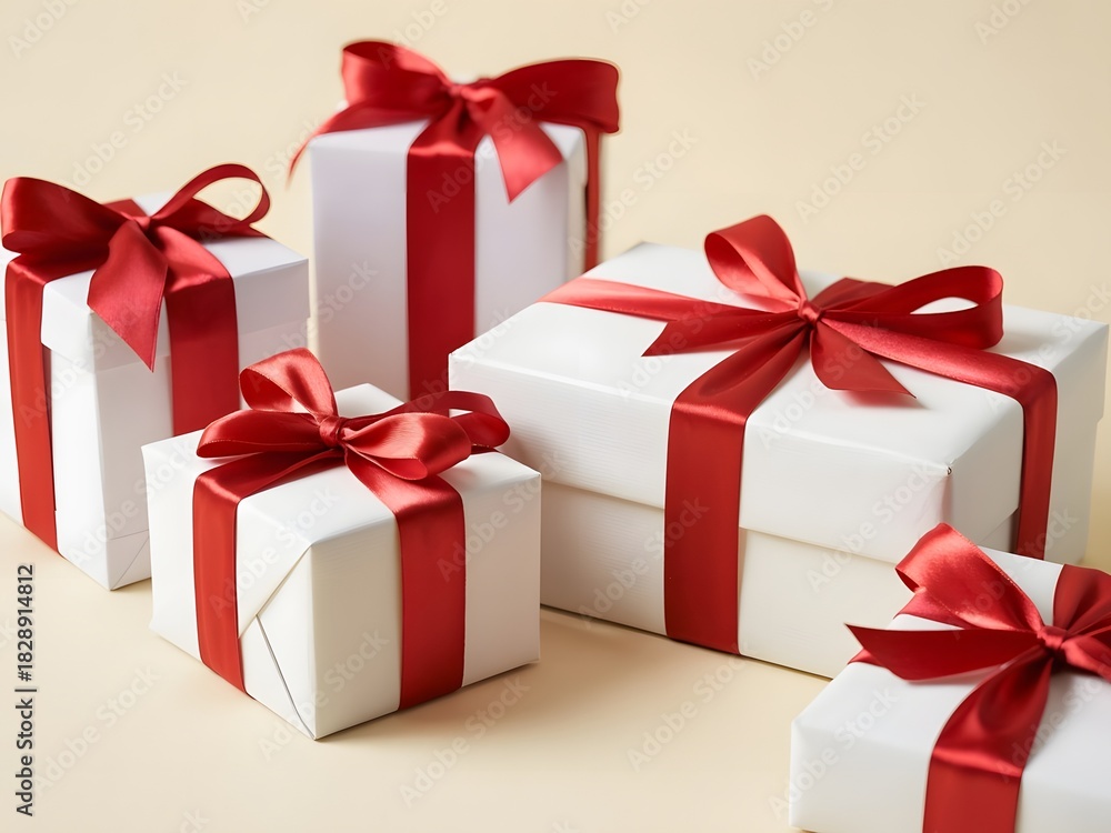Fototapeta premium Neatly wrapped Christmas gift boxes with red ribbon