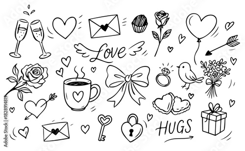 Valentine's Day doodle set. Hand drawn vector isolated background.