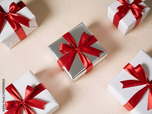 Neatly wrapped Christmas gift boxes with red ribbon