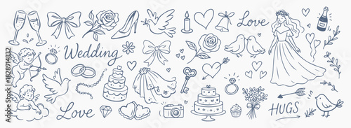 Hand drawn Valentine and wedding doodle set. elegant romantic vector illustration