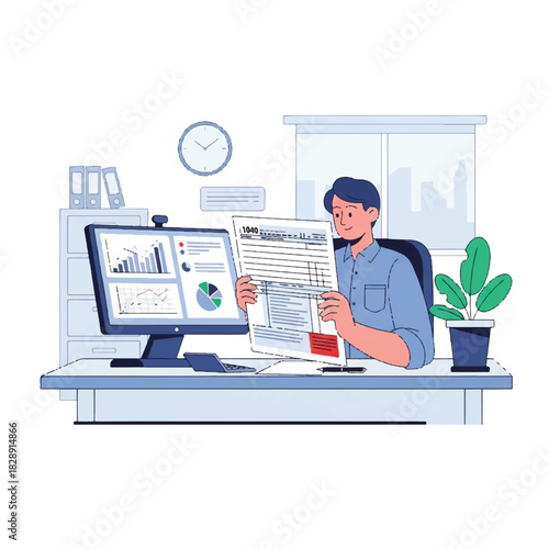 Focused businessman diligently reviews financial documents and analyzes data on a computer monitor, managing tax obligations and strategic business planning in a modern office environment