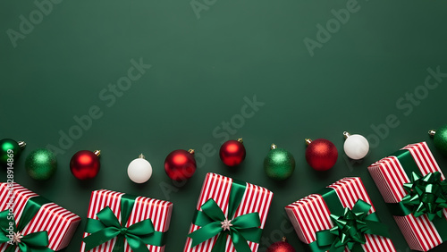 A festive Christmas presents and ornaments artfully arranged, deep forest green background