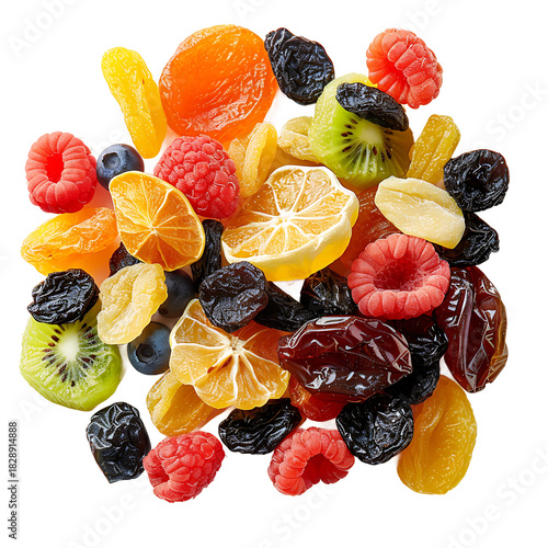 Assortment of dried fruits and berries isolated on transparent background