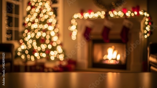 Warm living room decorated for Christmas, glowing tree bokeh, stockings, fireplace light