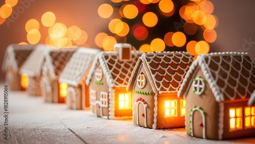 close-up shot of a row of intricately decorated gingerbread houses lined up on a textured surface