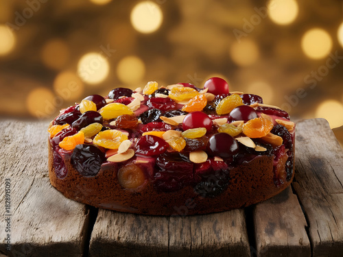 Christmas plum cake on rustic wooden table, dry fruits and glazed cherries on top 